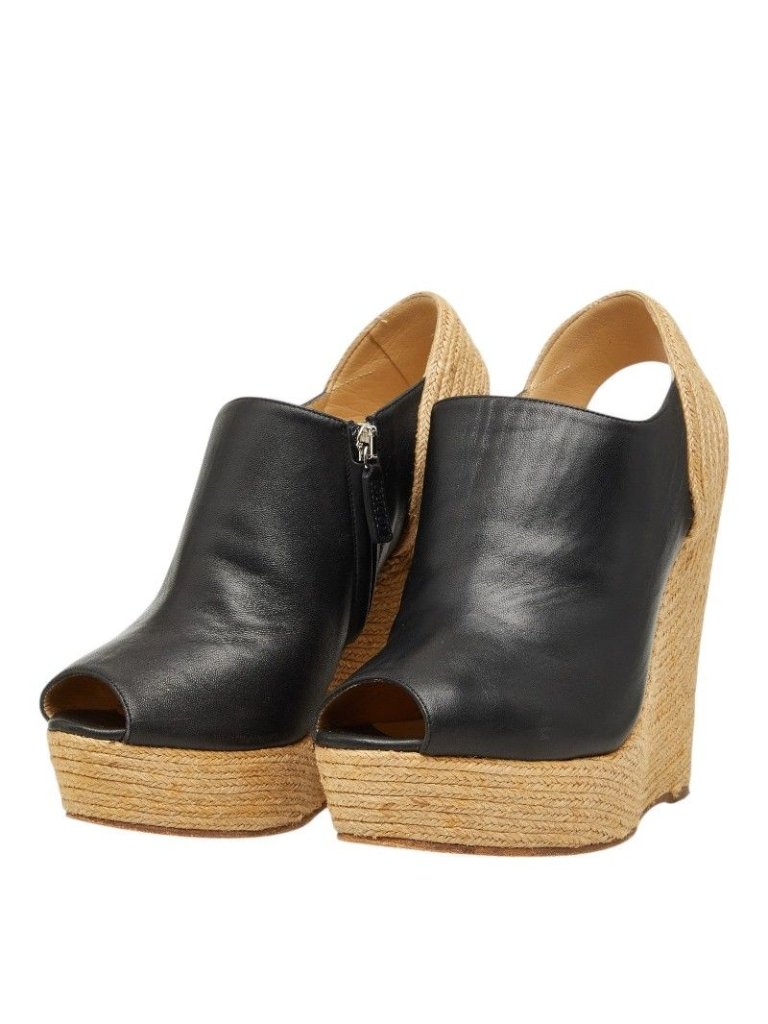Gucci Wedge Sole Sandals 37 Beige Black Leather Wood